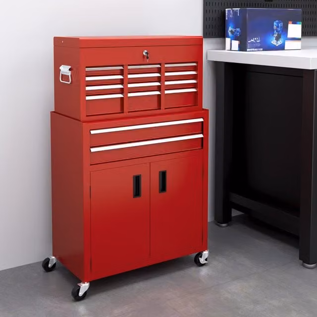 HOMCOM Red Metal Portable Tool Chest with Lockable Rollable Drawers for Garage