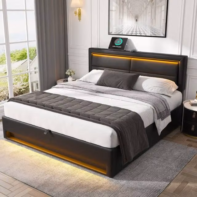 BTM Black PU Lychee 5ft King Size Upholstered Bed with USB Charging, LED Lighting and Lift Up Storage, W: 150 cm, D: 200 cm