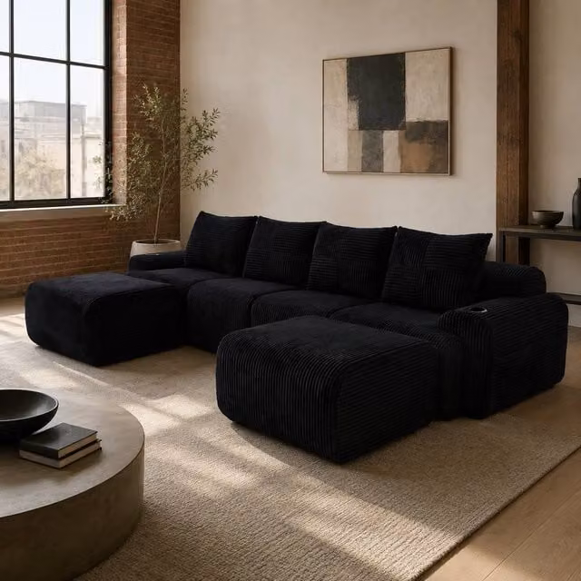 STILVORA 4-Seater Modular L-Shape Sofa with Cup Holders and Upholstered Frame in Black