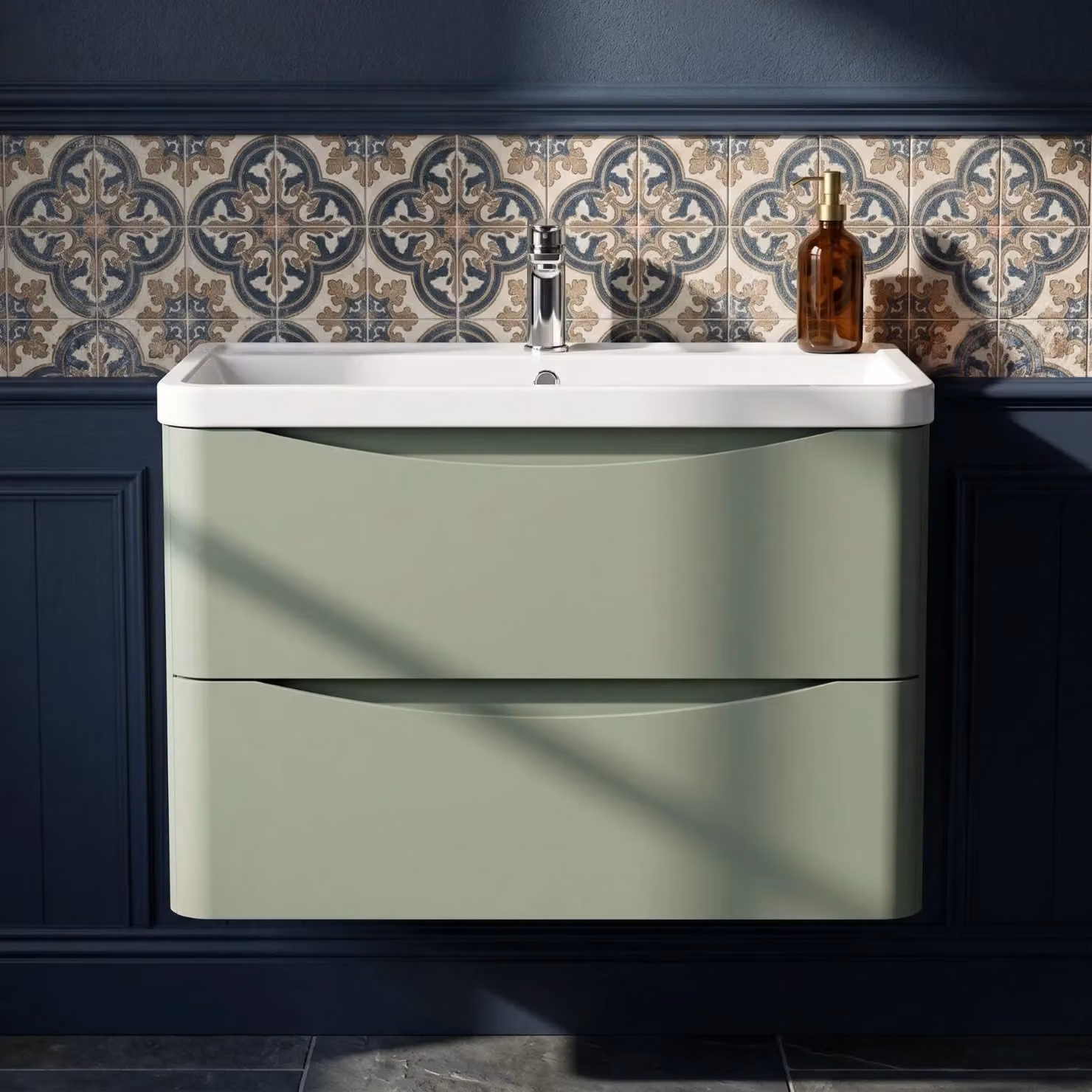 Balterley Wall Hung 2 Drawer Bathroom Vanity Unit and Basin, Satin Green, Width: 75.5 cm – 3