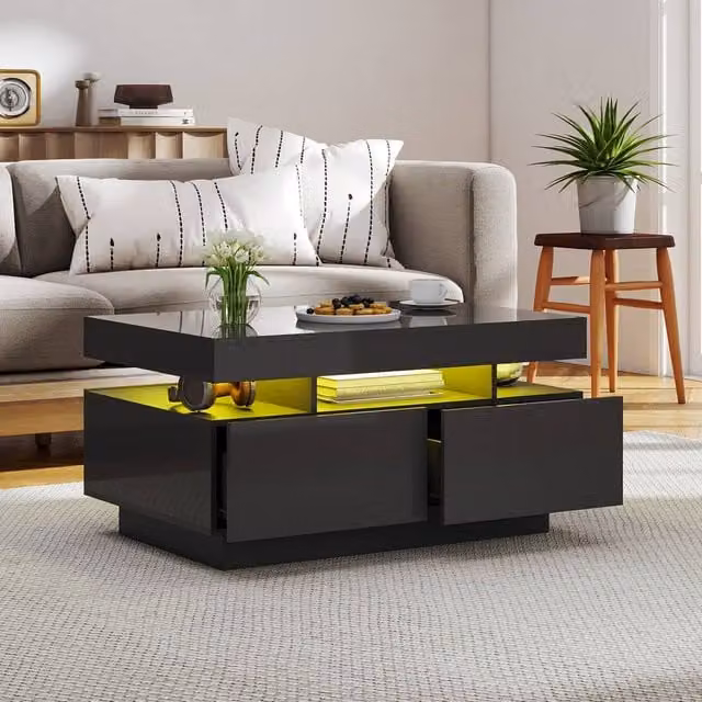 KEEPREAPER Modern Black Glossy Coffee Table with 4 Drawers, LED Lights and Glass Top, W: 85 cm, D: 55 cm, H: 44 cm