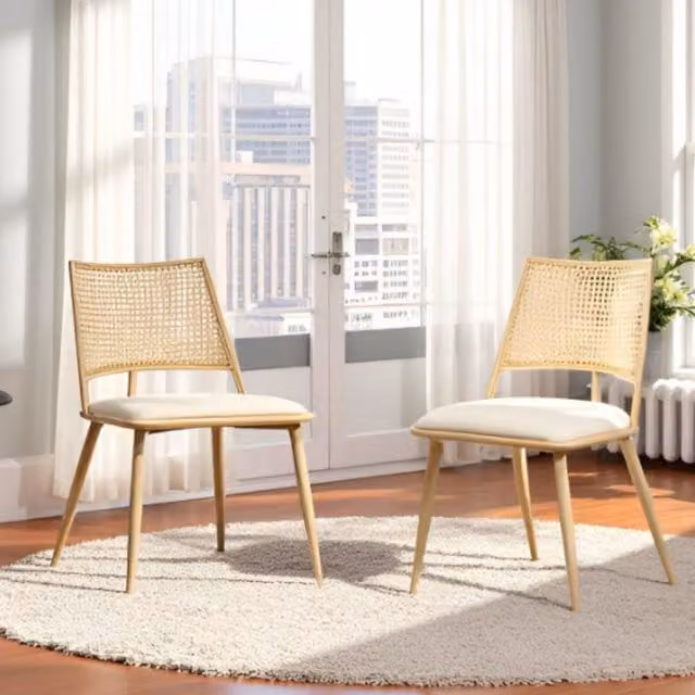FURNITURE ONE Set of 2 Mid-Century Dining Chairs with Fabric Upholstery and Oak Wood and Metal Frame in Beige and Brown