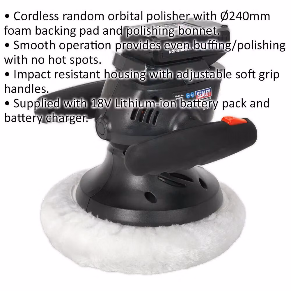 Loops 240mm Cordless Orbital Polisher with Foam Backing Pad, 18V 1.3Ah Lithium-ion, Black and Multicolour – 2