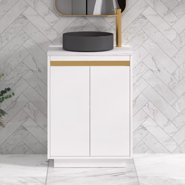 Royal Bathrooms Orion 800mm Matt White Floor Standing 2 Door Vanity Unit with Art Round Basin and Brushed Brass Accent Trim