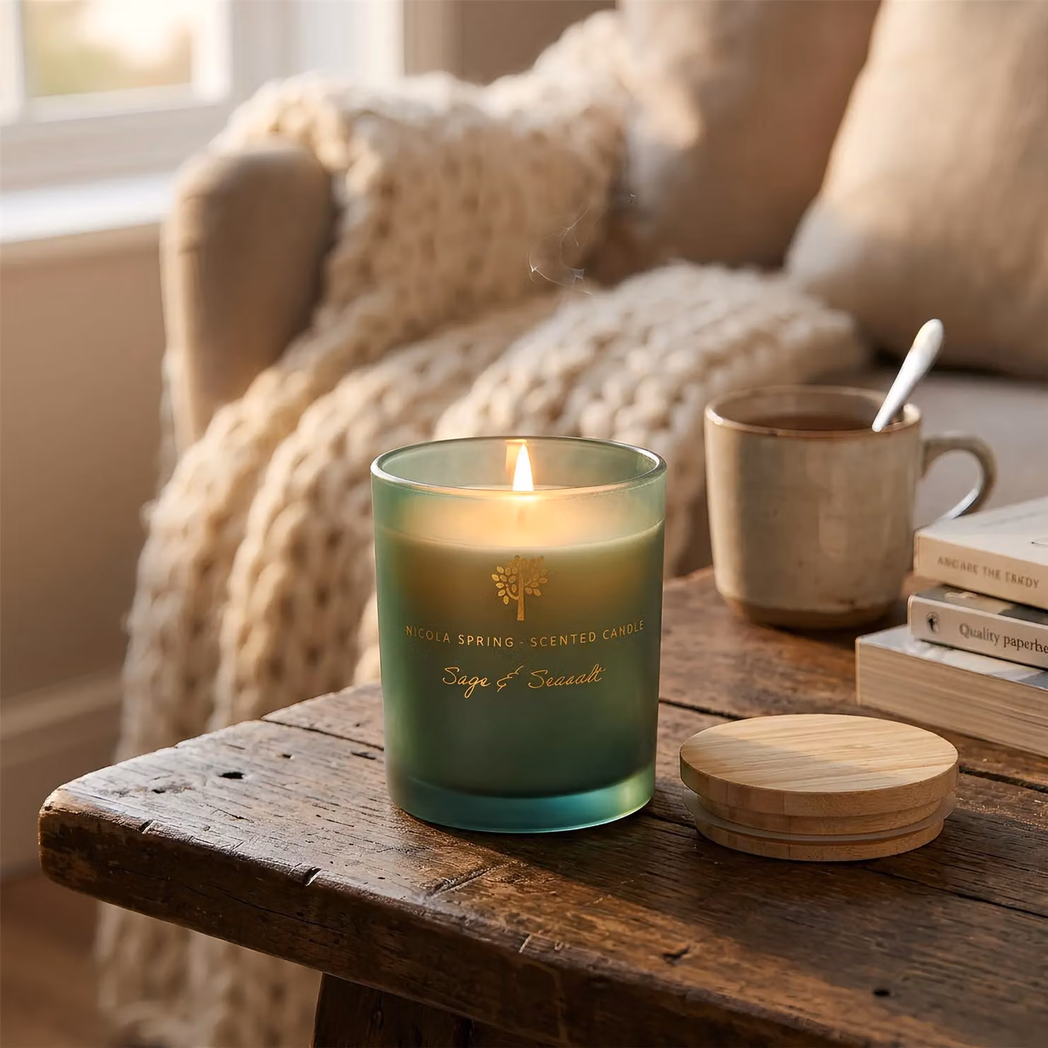 Nicola Spring Sage & Seasalt Soy Wax Candle, 130g, Green Glass Jar – 5