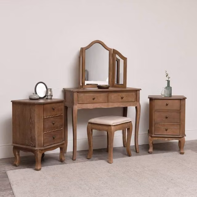 Melody Maison Ashwell Range Dark Brown Wood Dressing Table with Triple Mirror, Stool and Pair of Bedside Tables