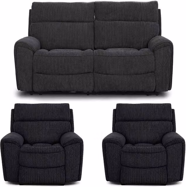 Furnishings For Less UK Lois Black Fabric 3 Piece Electric Reclining Sofa Suite with USB Charging