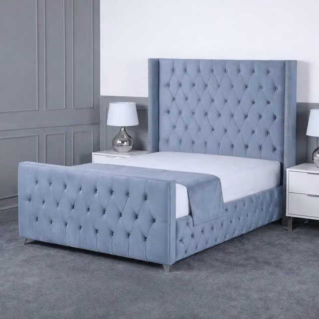 Living Comfort Bedz Executive Luxe Plush Upholstered Velvet Bed with Slatted Base in Light Blue, W/D/H: 120 x 200 cm