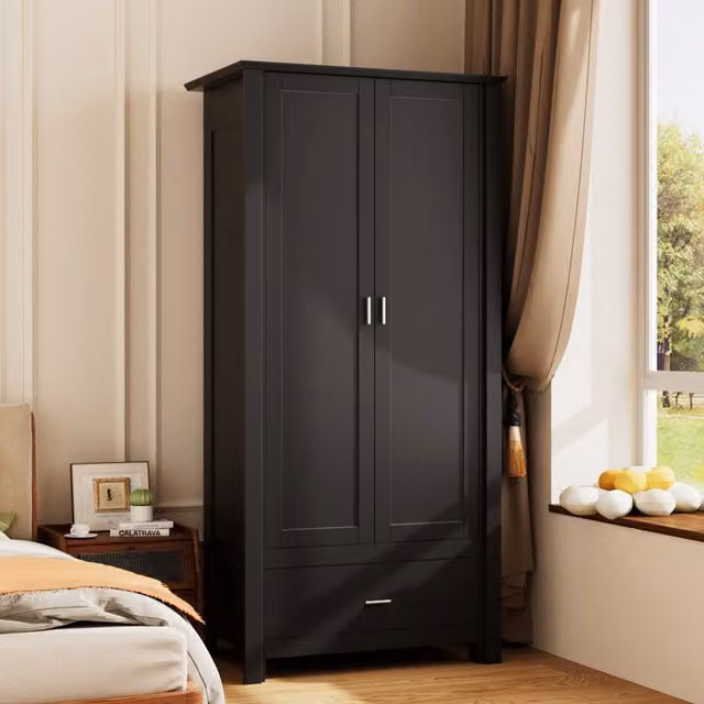 Livingandhome Modern Double Door Wardrobe with Drawer and Hanging Rail in White Matt