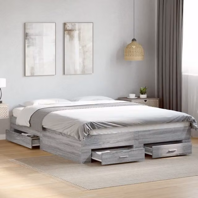 Berkfield Home King Size Bed Frame with Drawers in Grey Sonoma, W/D/H: 150 x 200 cm
