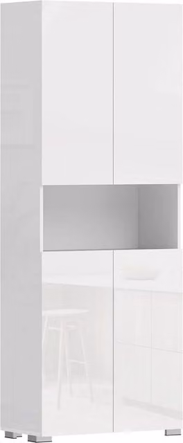 Nordara White Glossy Tall Kitchen Cupboard and Pantry Storage Cabinet, H: 180 cm, W: 34 cm, D: 68 cm