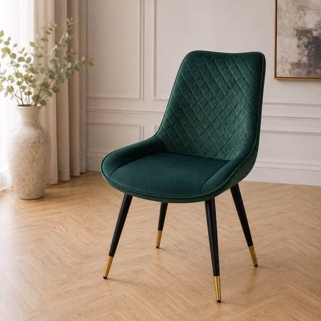 Stratus Interiors Luna Quilted Velvet Dining Chair in Green with Black Legs