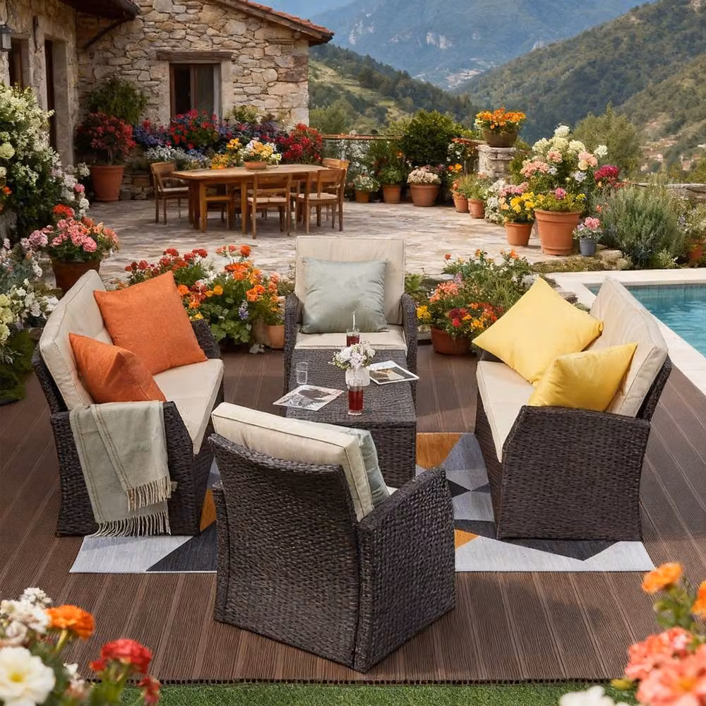 FURNITURE ONE 6 Seater Rattan Garden Furniture Set with Coffee Table in Brown and Beige – 2