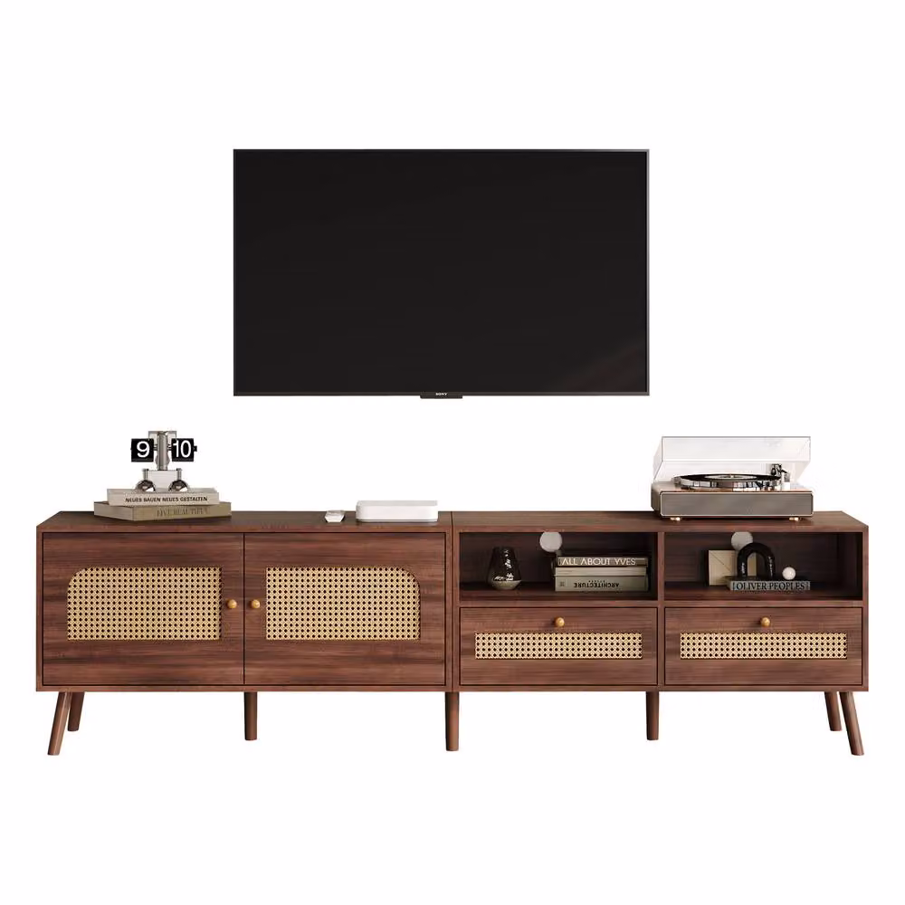 Merax Mid-Century Brown TV Unit with Rattan Details and Drawers for up to 200 cm TVs – 6