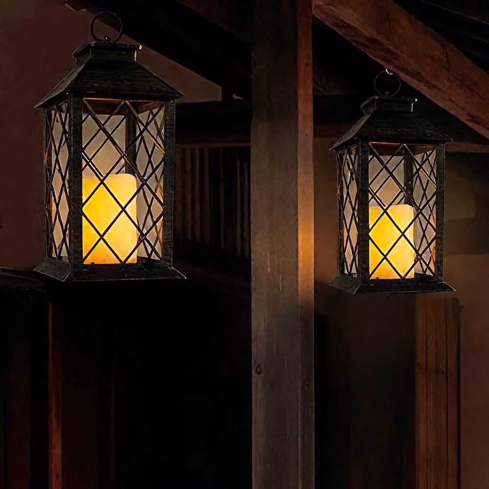 Bright Zeal Set of 2 Black and Gold Decorative Pillar Candle Lanterns with Timer and Flicker Effect, Height: 34 cm – 5