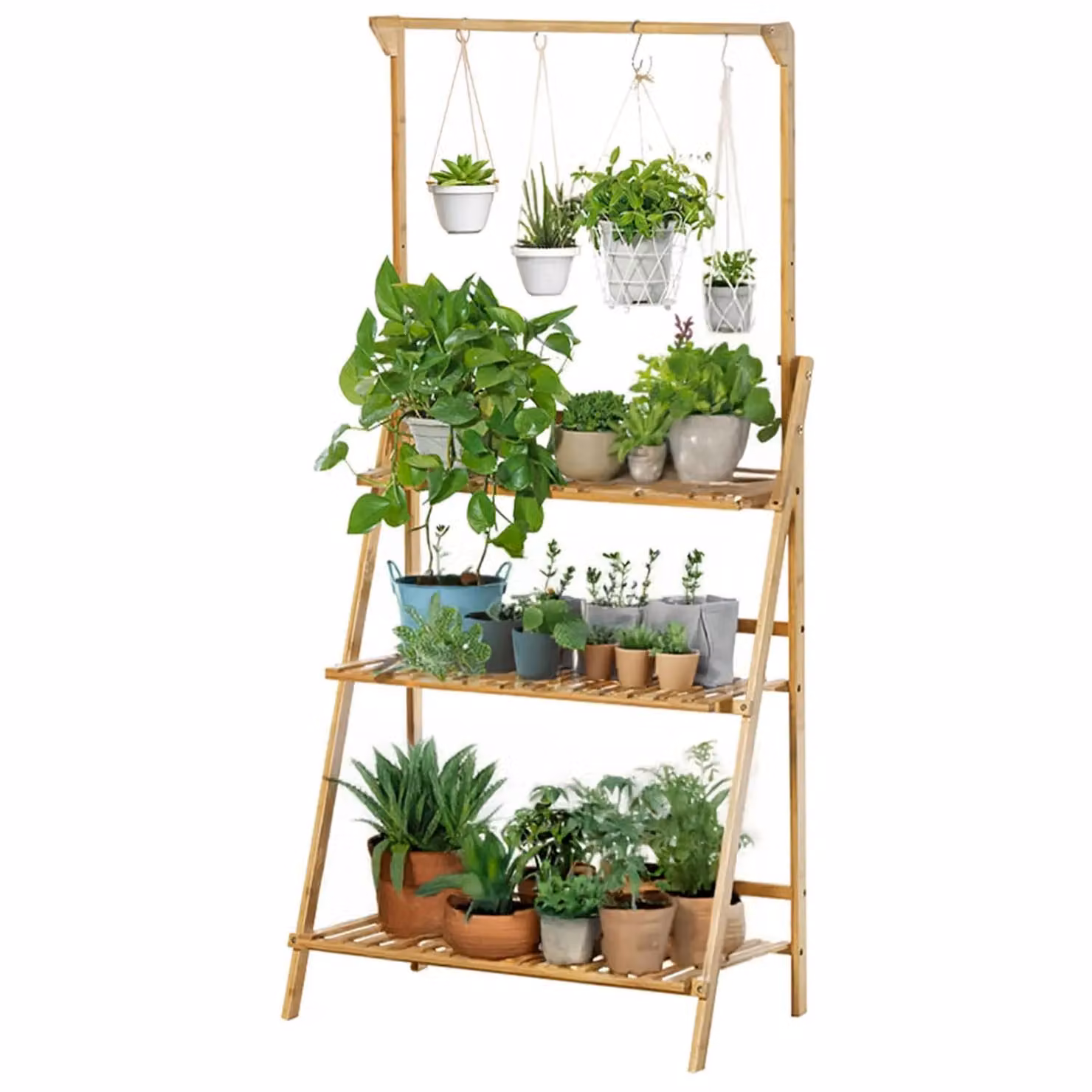 Neo 3-Tier Foldable Bamboo Plant Stand with Hanging Hook in Light Oak Brown – 5