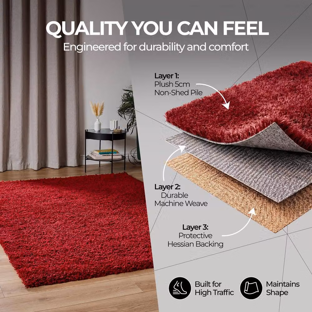 Bravich LTD Shaggy Area Rug in Red, W: 160 cm, D: 230 cm, Pile Height: 5 cm – 5