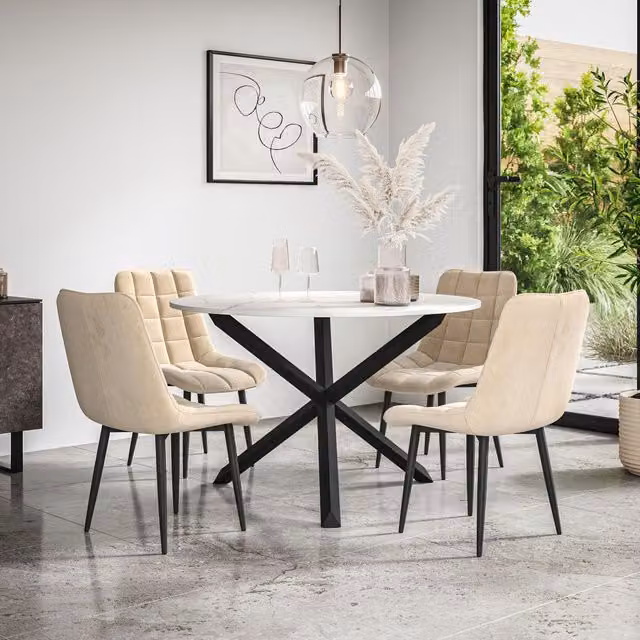 More4Homes Malvern Round Dining Table and 4 Nova Velvet Dining Chairs Set, Marble Top with Solid Oak Black Legs, Beige