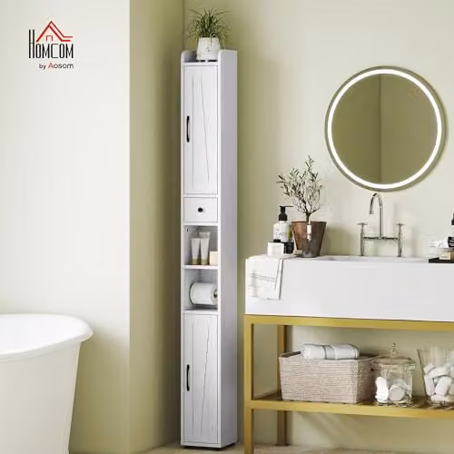 HOMCOM Tall White Bathroom Cabinet with Hinged Doors and Internal Shelves, W/D/H: 20 x 20 x 185 cm – 2