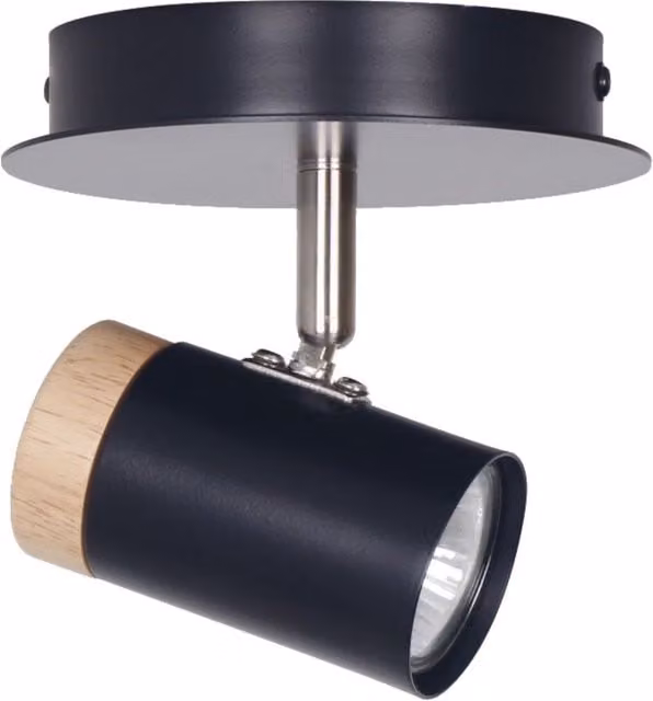 First Choice Lighting Stratton Single Ceiling Spotlight in Black with Wood Detail, Adjustable and Dimmable – 1