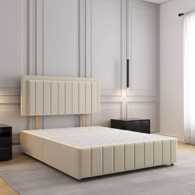 Regional Furnishings Super King Divan Bed Base with 24 inch Headboard and Footboard in Cream Velvet Fabric, W/D/H: 200 x 200 cm