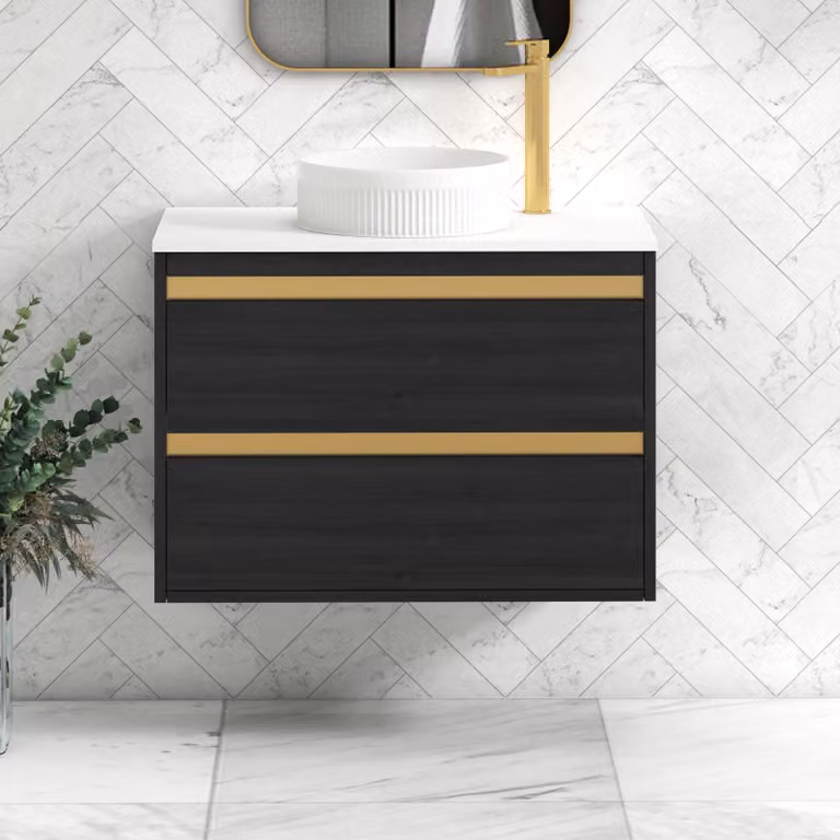 Royal Bathrooms Orion 800mm Hale Wall Hung Vanity Unit with 2 Drawers, Round Basin and Brushed Brass Accent Trim in Black and White