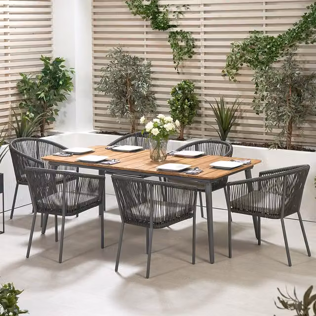 Pacific Lifestyle Modern Grey Rattan Dining Set with Acacia Wood Table and Chairs