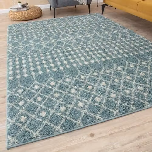 THE RUGS Modern Moroccan Design Living Room and Bedroom Rug, Duck Egg Blue and Ivory, W: 200 cm, D: 290 cm