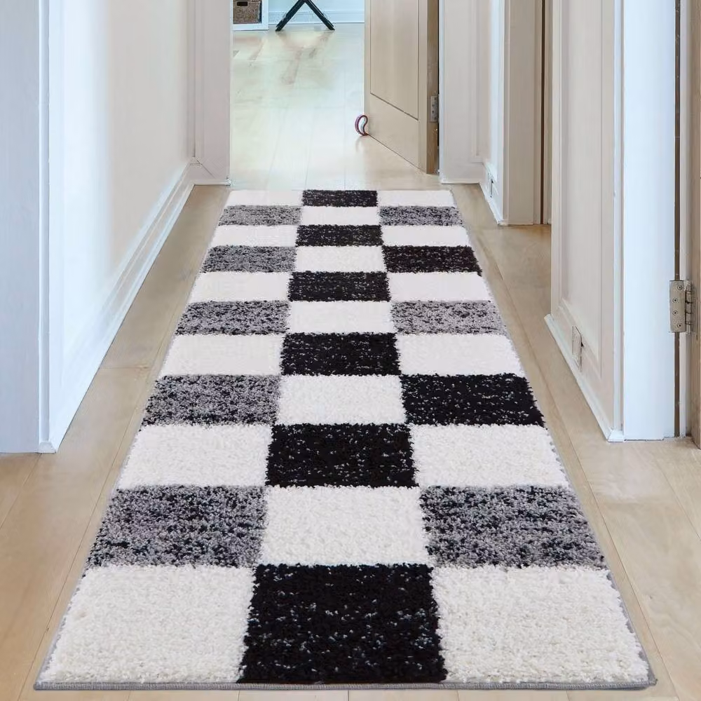 THE RUGS Soft Grey and Ivory Check High Pile Shaggy Rug, W: 240 cm, D: 340 cm – 7
