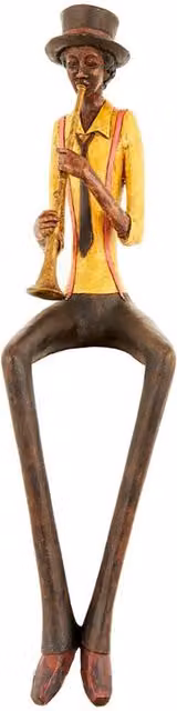Lemon Pavilion Sitting Jazz Band Trumpeter Ornament in Brown, Yellow and Multicolour, W: 12 cm, D: 10 cm, H: 39 cm