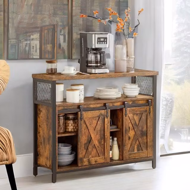 FURNOS Multipurpose Industrial Kitchen Sideboard Buffet Cabinet with Sliding Barn Doors in Brown – 1