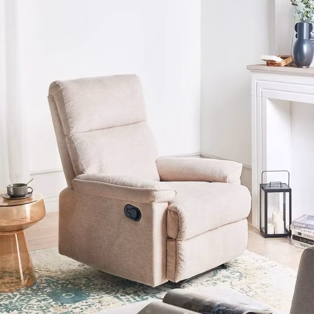 Wyld and Coco Beige Fabric Armchair with Adjustable Footrest and Solid Wood Frame – 1