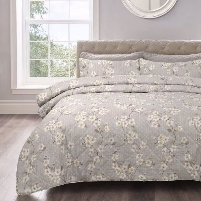 Velosso Cherry Blossom Bedspread Set in Beige, Pink and Grey