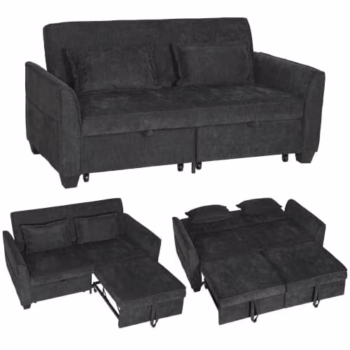 HOMCOM 2 Seater L-Shaped Pull Out Sofa Bed in Black with Fabric Upholstery and Solid Wood Frame