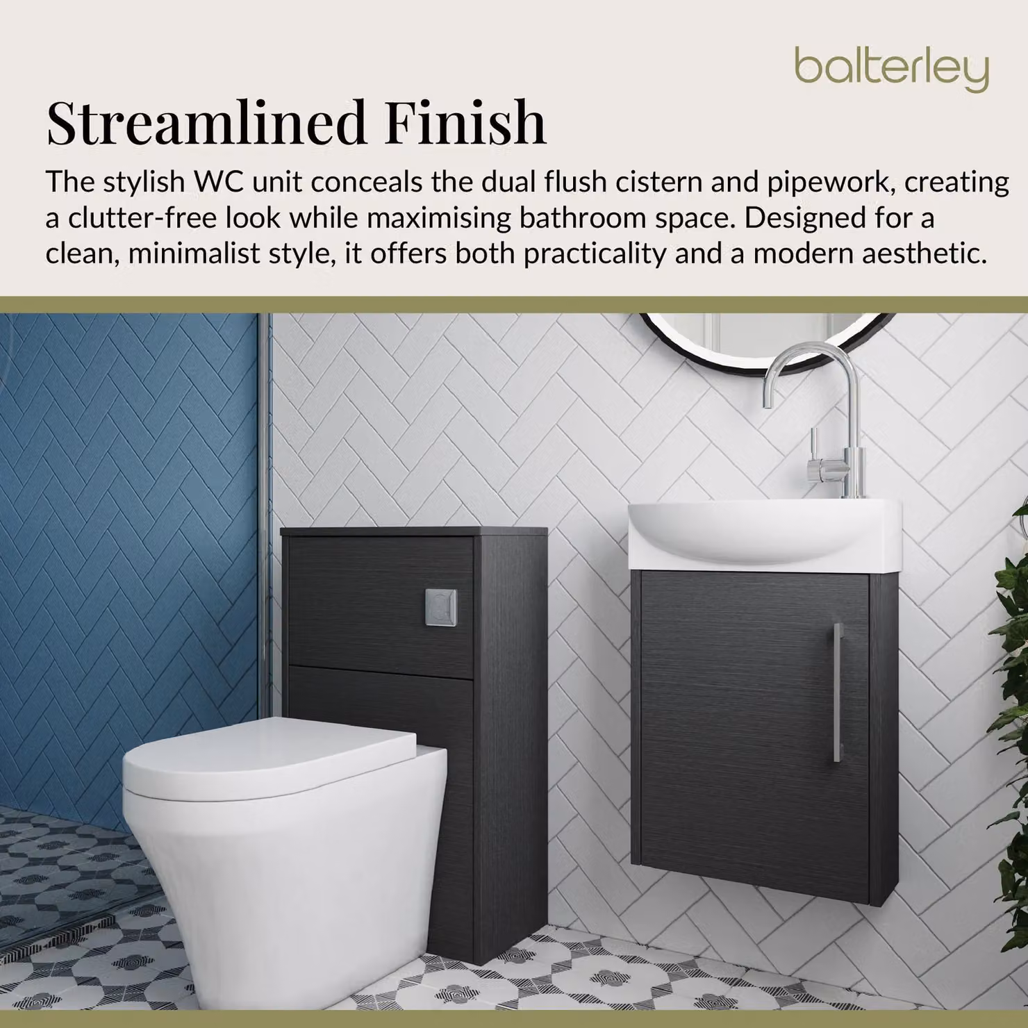 Balterley Left Hand Cloakroom Suite with Wall Hung Single Door Soft Close Vanity Unit, WC Toilet, and Mono Mixer Tap in Graphite Grey – 3