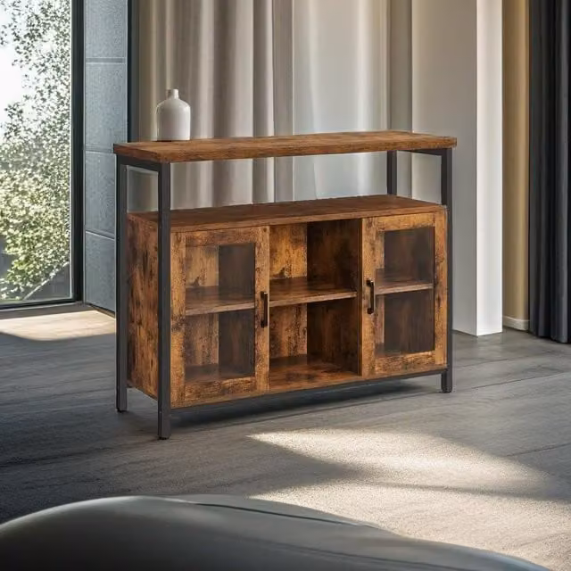 Modcraft Industrial Freestanding Display Cabinet with Glass Doors and Internal Shelves in Brown