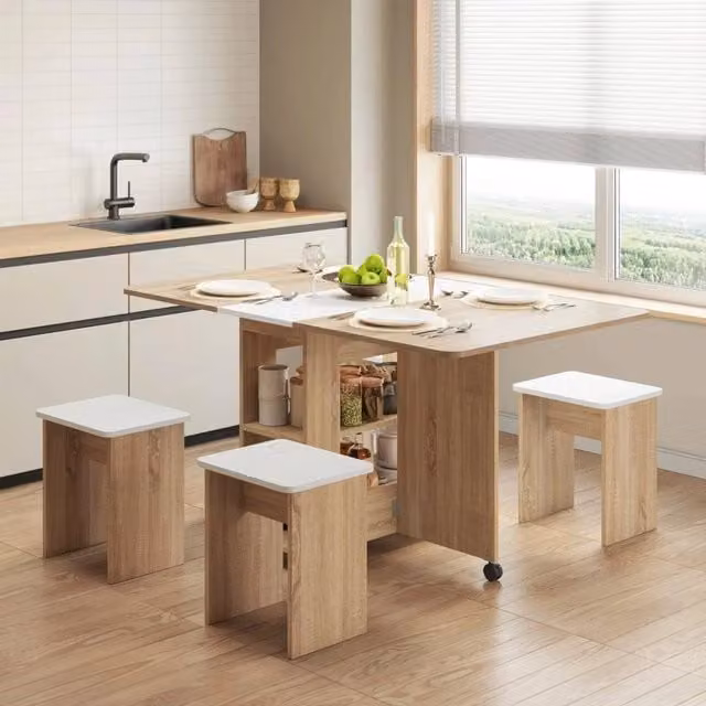 KORVIXA Scandinavian Oak and White Drop Leaf Dining Table and Chairs Set