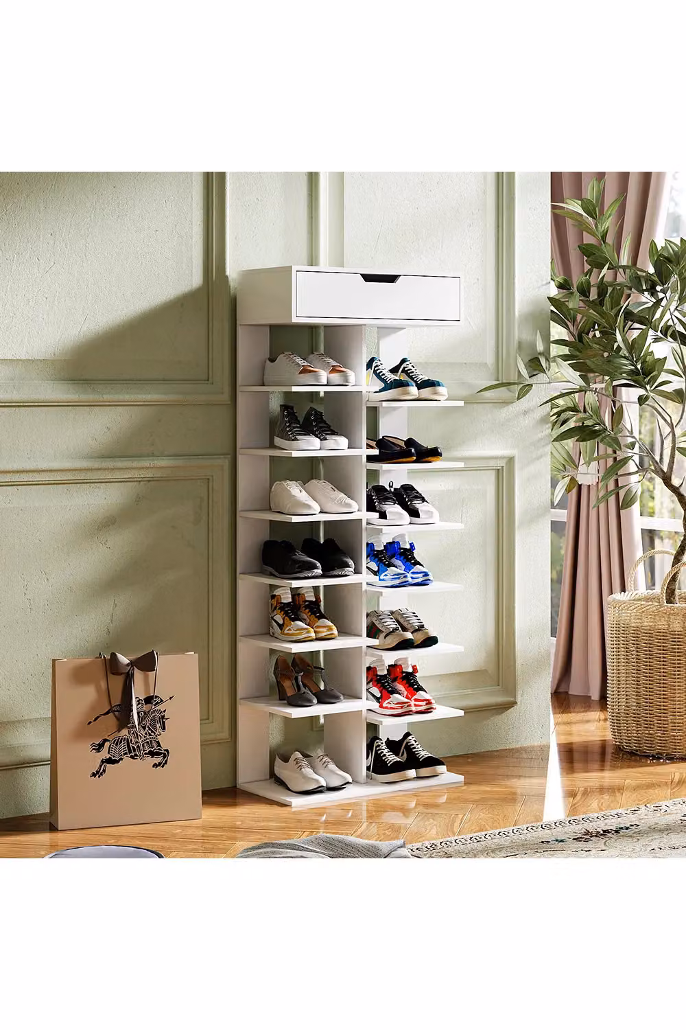 Living and Home Space Saving Open Tier Shoe Rack with Drawer Storage Organiser in White – 2