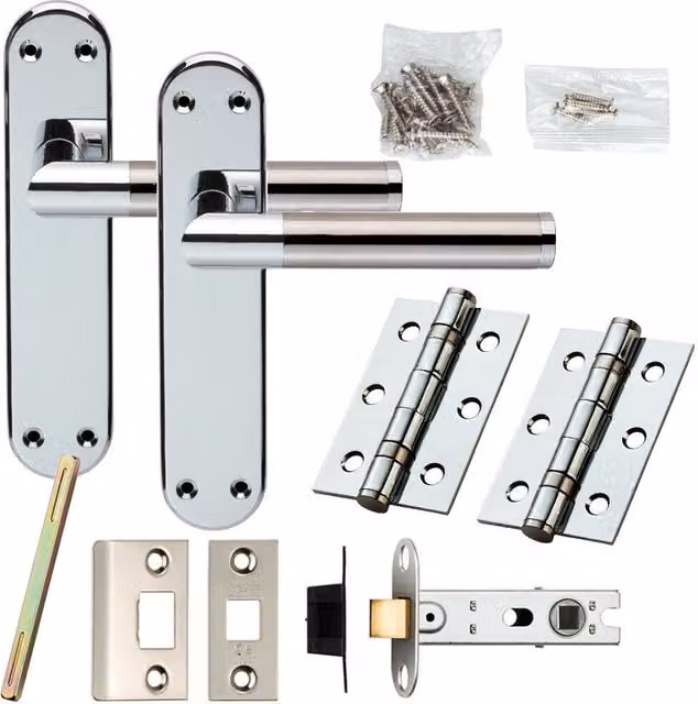 Loops Door Handle and Latch Pack in Chrome and Satin Nickel with Modern Round Bar on Backplate