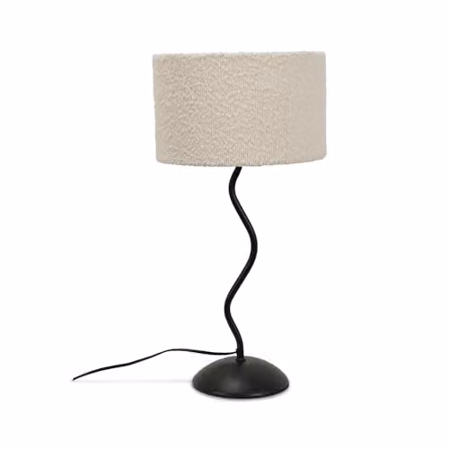 ValueLights Black Metal Wavy Single Stem Table Lamp with Cream Boucle Shade and Warm White LED Bulb – 1