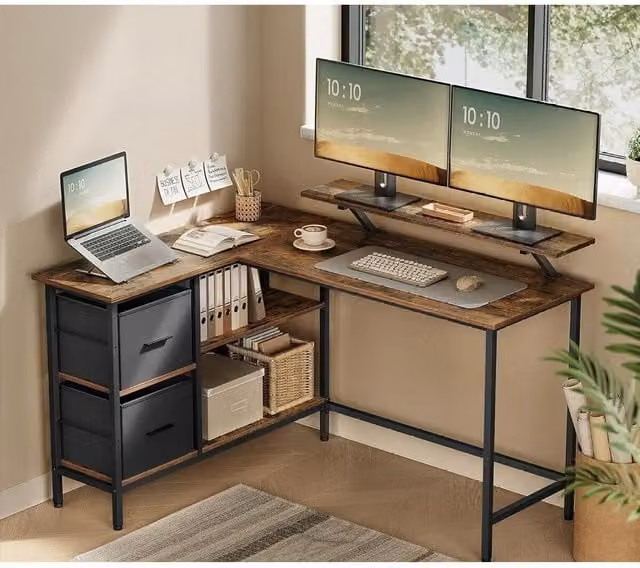 VASAGLE L-Shaped Gaming Desk with 2 Drawers and Monitor Stand in Brown