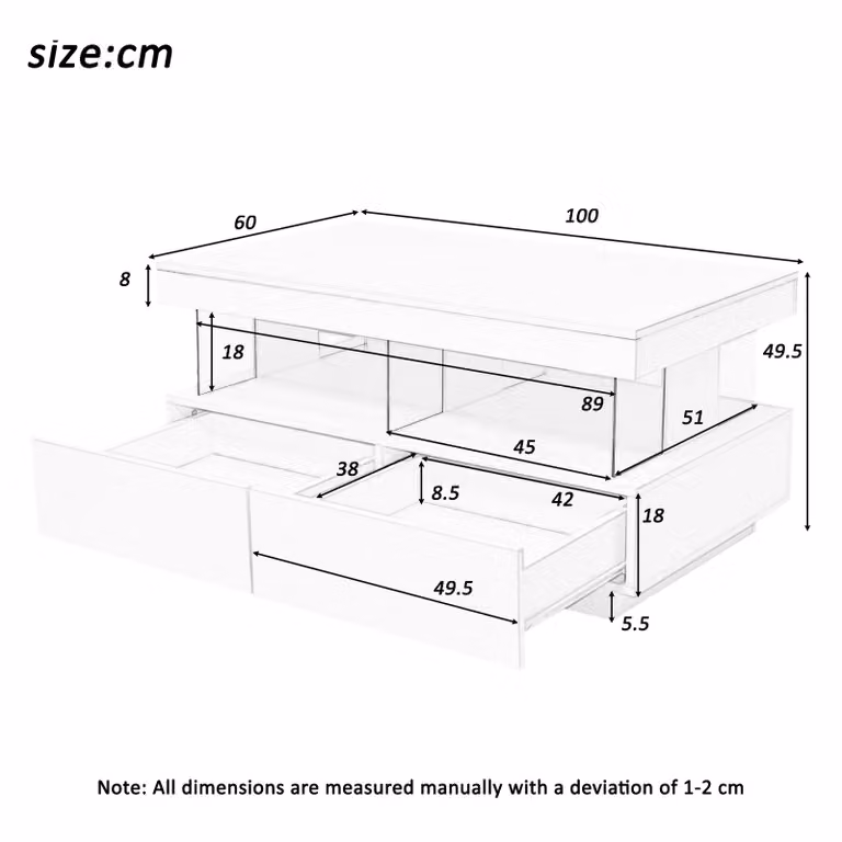Aosom UK Modern Black Coffee Table with 2 Drawers, Open Storage and LED Lights, W: 100 cm, D: 60 cm, H: 49.5 cm