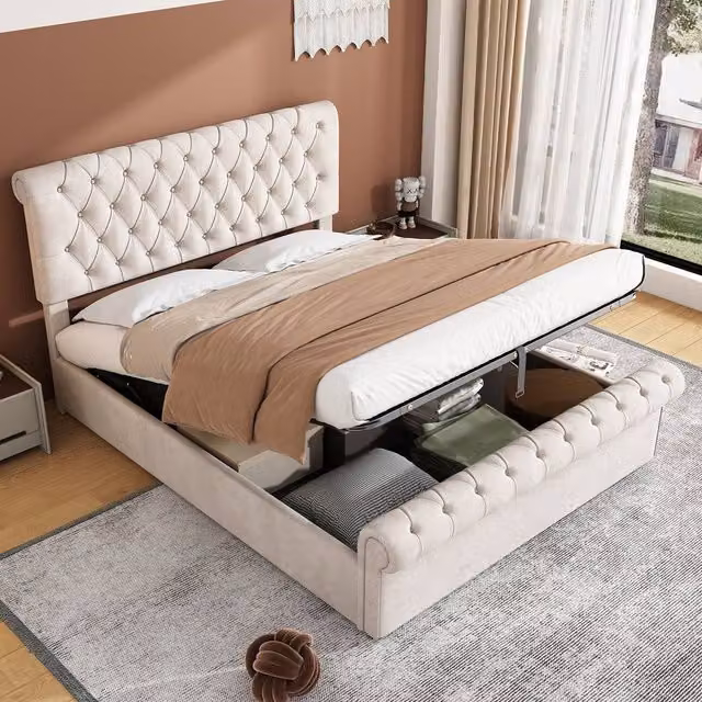 Rolipo Beige Velvet Double Bed with Hydraulic Lift-Up Storage and Upholstered Frame W/D/H: 140 x 200 cm