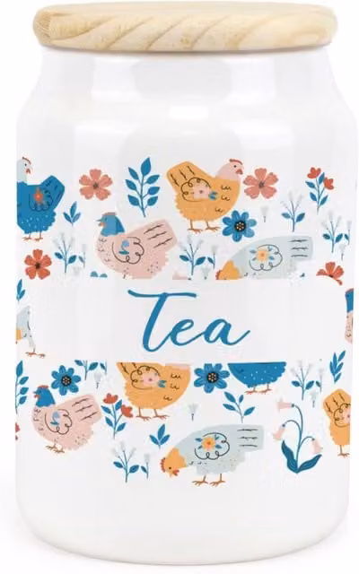 Purely Home Botanical Chickens Ceramic Tea Storage Canister with Loose Lid, Blue and White Floral
