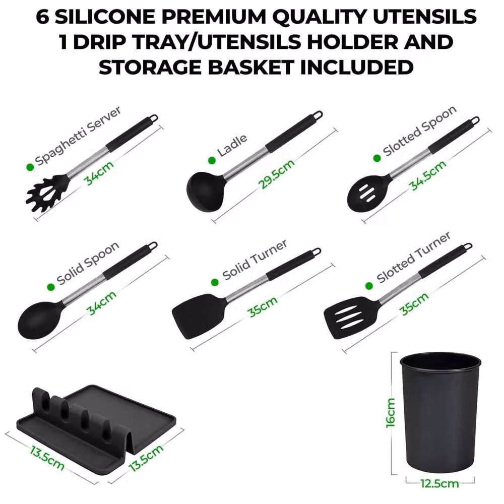 Top 3 8 Piece Black Silicone and Stainless Steel Kitchen Utensil Set with Storage Bucket – 3