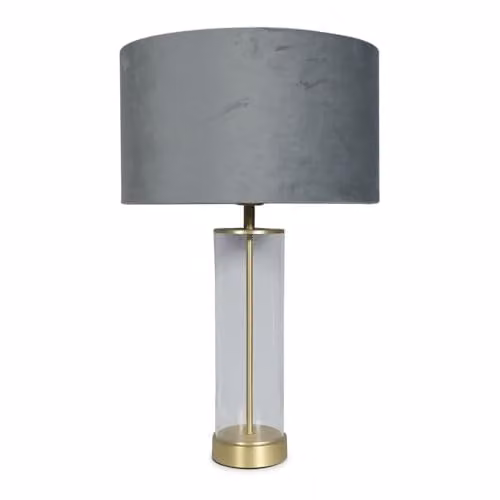ValueLights Balan Glass and Gold Metal Table Lamp with Grey Fabric Drum Shade – 1