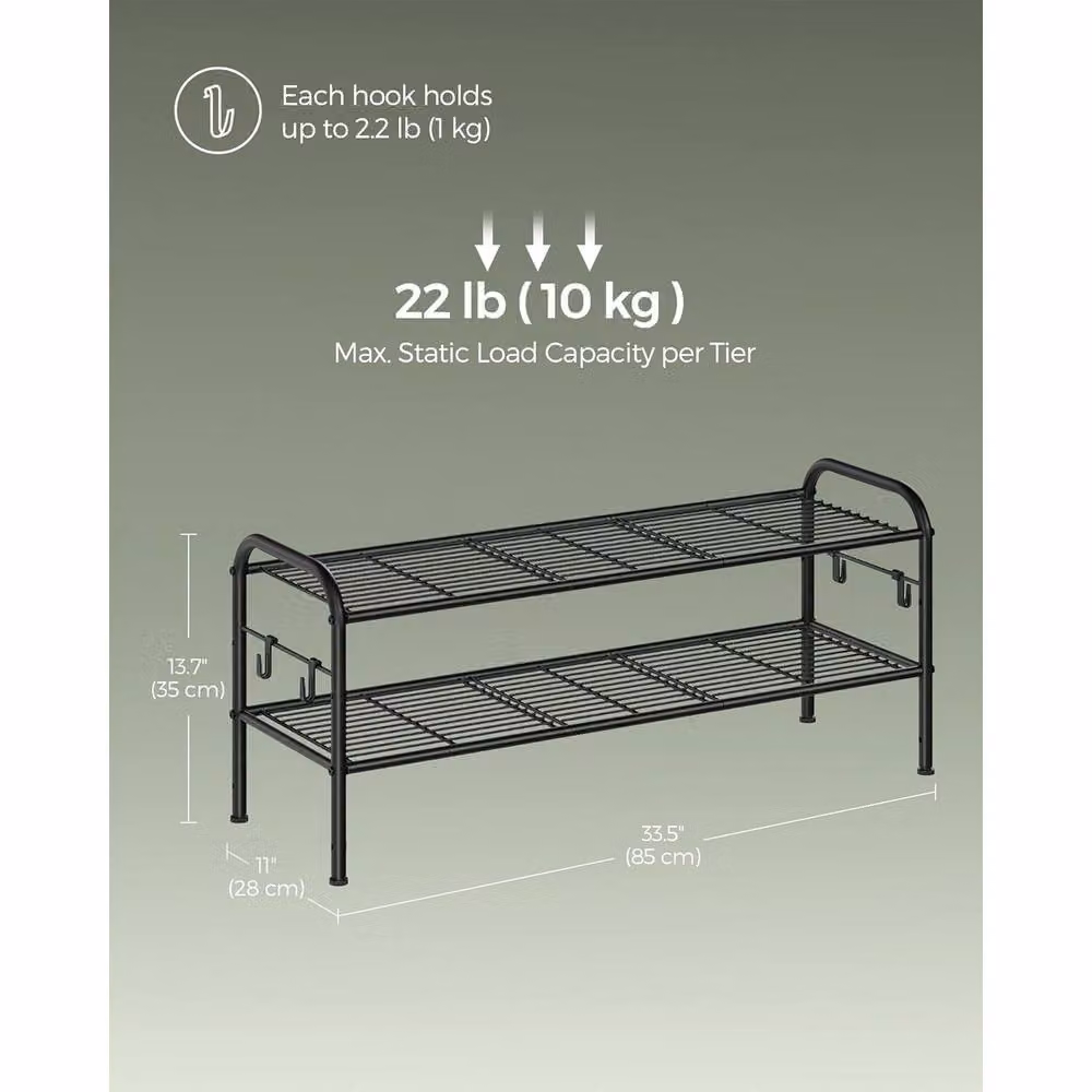 The Bazaarist 2 Tier Metal Shoe Storage Rack with Adjustable Shelves and Hooks in Matt Black – 3