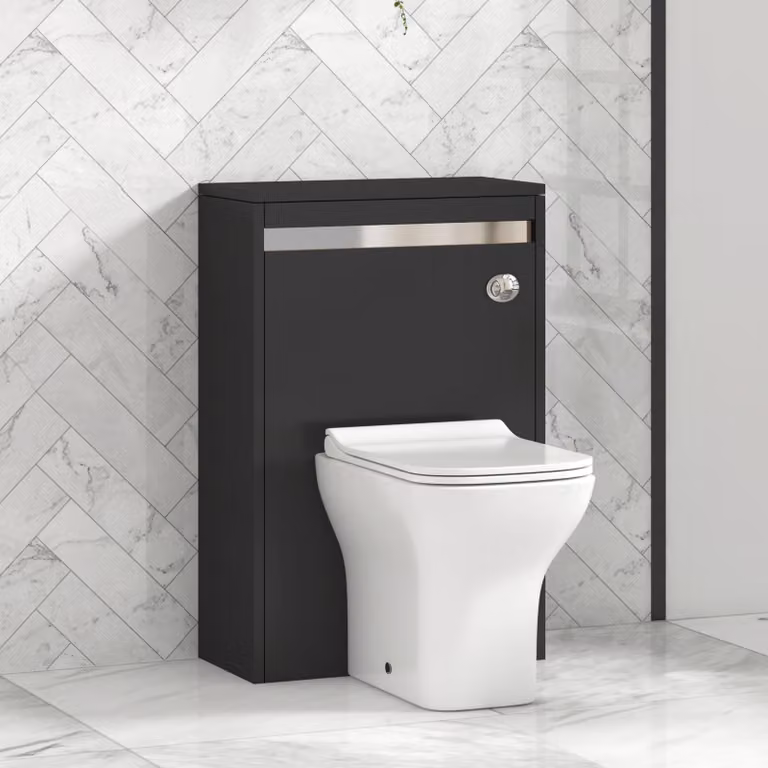 Royal Bathrooms Orion Matt Obsidian Black BTW WC Unit with Qubix Rimless Toilet Pan, Slim Soft Close Seat and Cistern with Chrome Accent Trim, Width: 54 cm