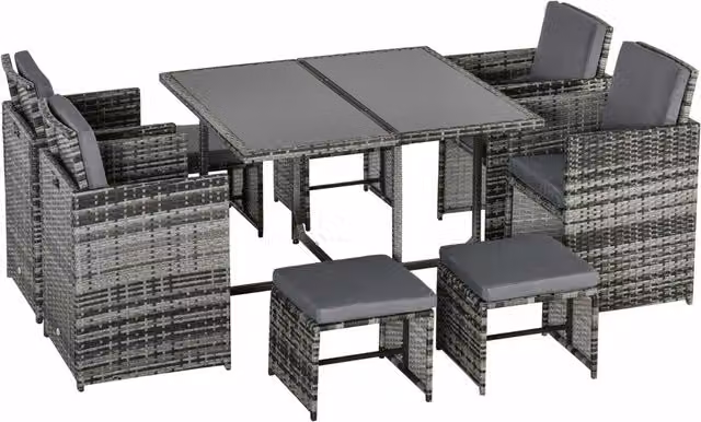 Outsunny 9-Piece Rattan Garden Dining Set with Glass Table and 8 Stools in Mixed Grey – 1
