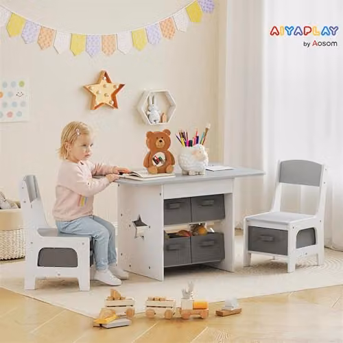 AIYAPLAY Kids Table and Chair Set with 6 Removable Drawers, Grey, W/D/H: 80 x 48 x 48 cm – 2